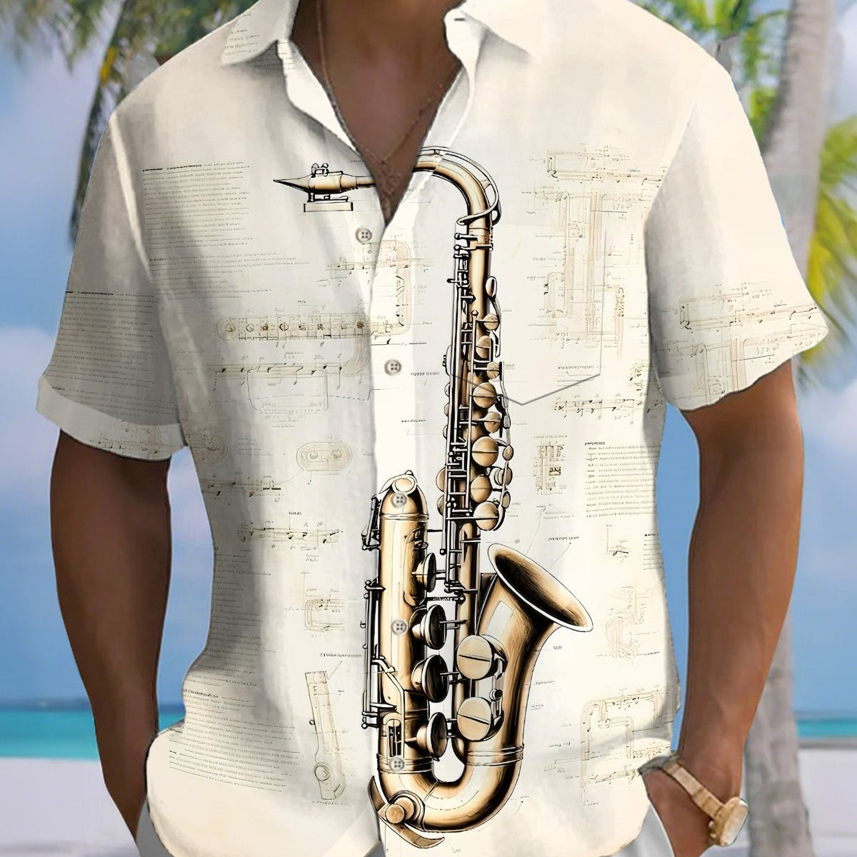 Alohadaddy® Men's Short-Sleeve Button-Down Shirt with Pocket – Vintage Music-Themed Graphic Print