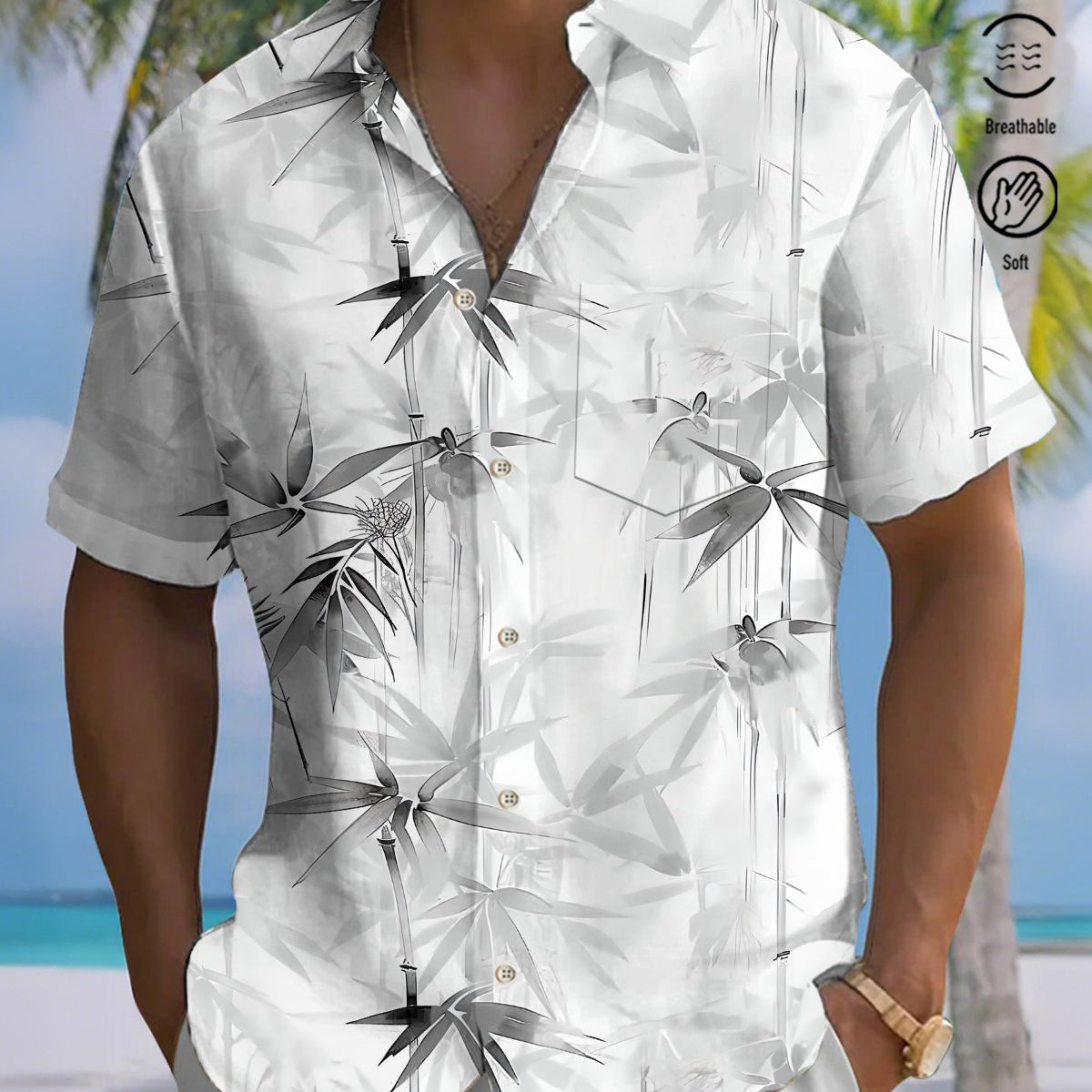 Alohadaddy® Men's Short-Sleeve Button-Down Shirt with Bamboo Print Pocket and Cardigan-Style Front