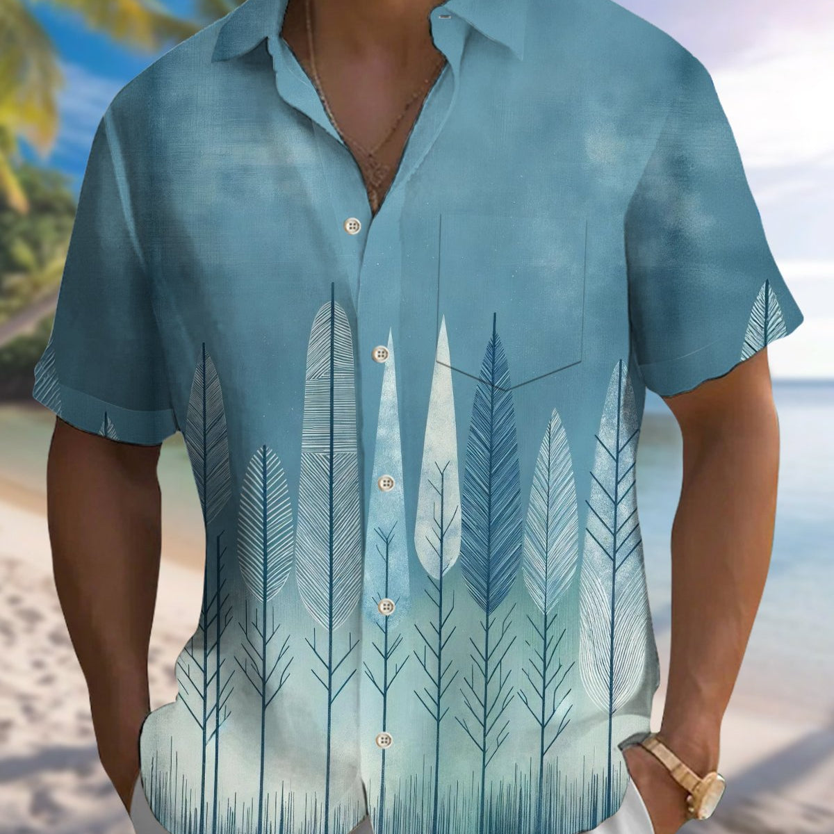 Alohadaddy® Men's Short-Sleeve Casual Button-Down Shirt with Tree Print and Pocket