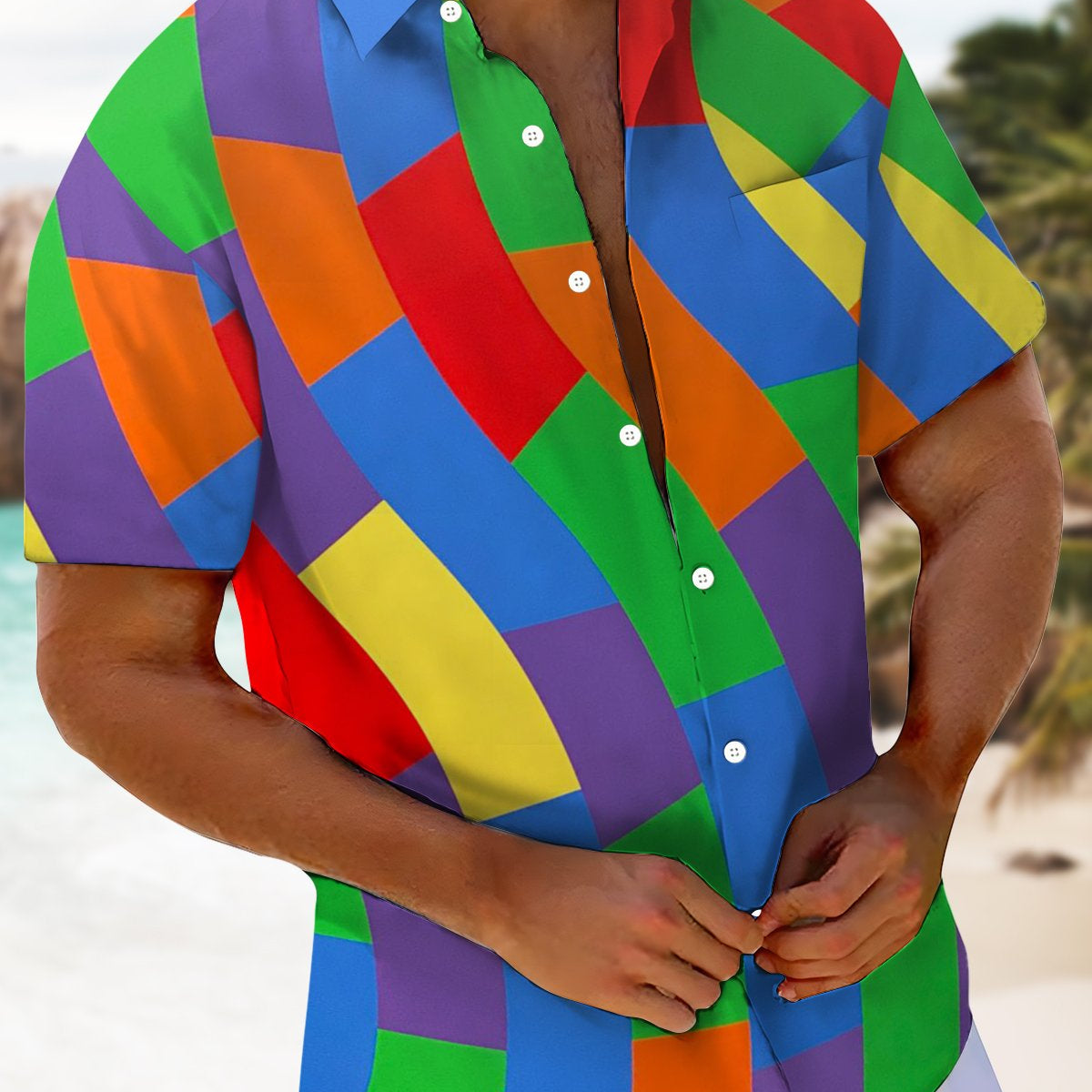 Alohadaddy® Casual Geometric Art Print Men's Short Sleeve Stretch Shirt Big & Tall