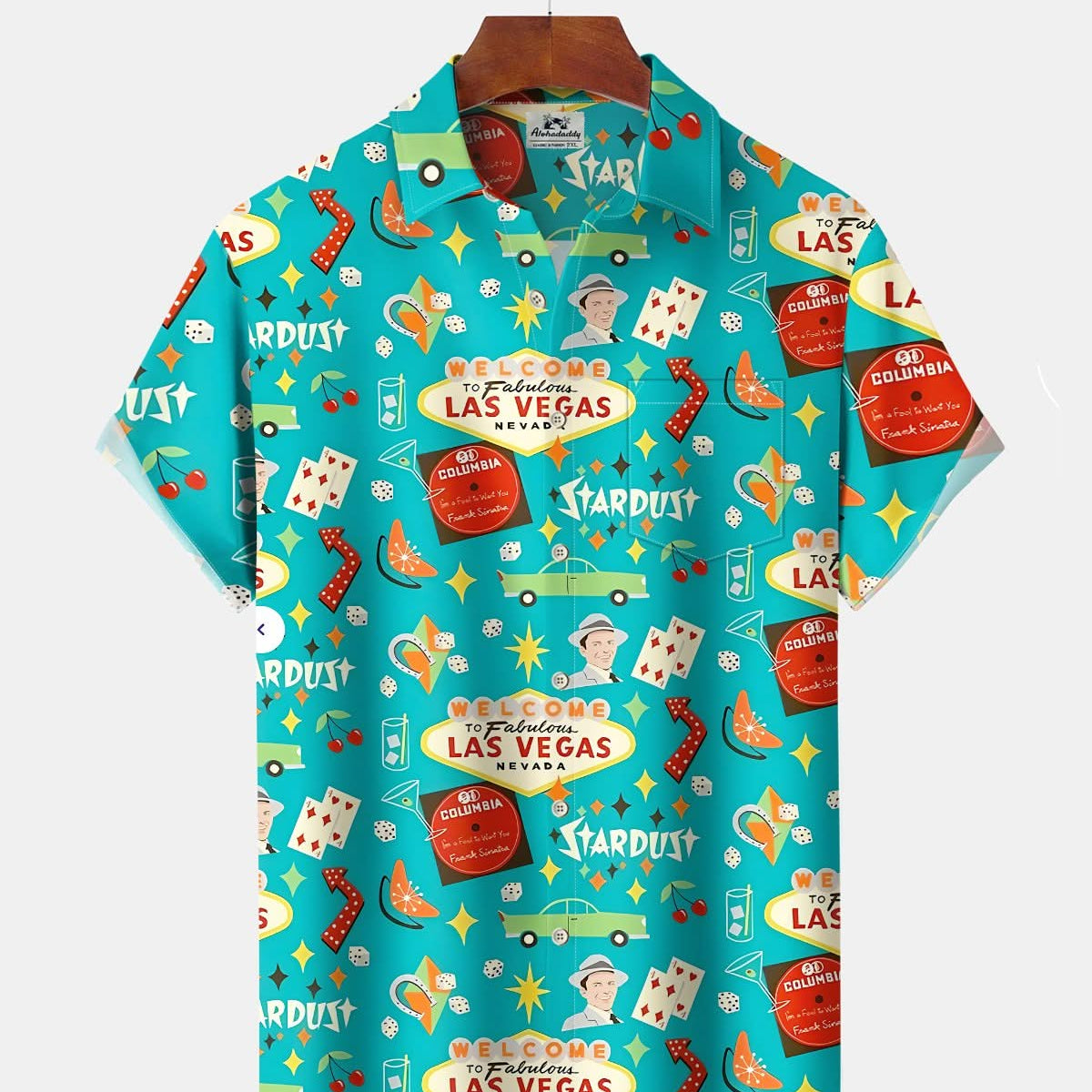 Alohadaddy® Retro Las Vegas Geometric Cartoon Print Art Pocket Button Men's Short Sleeve Shirt Big & Tall