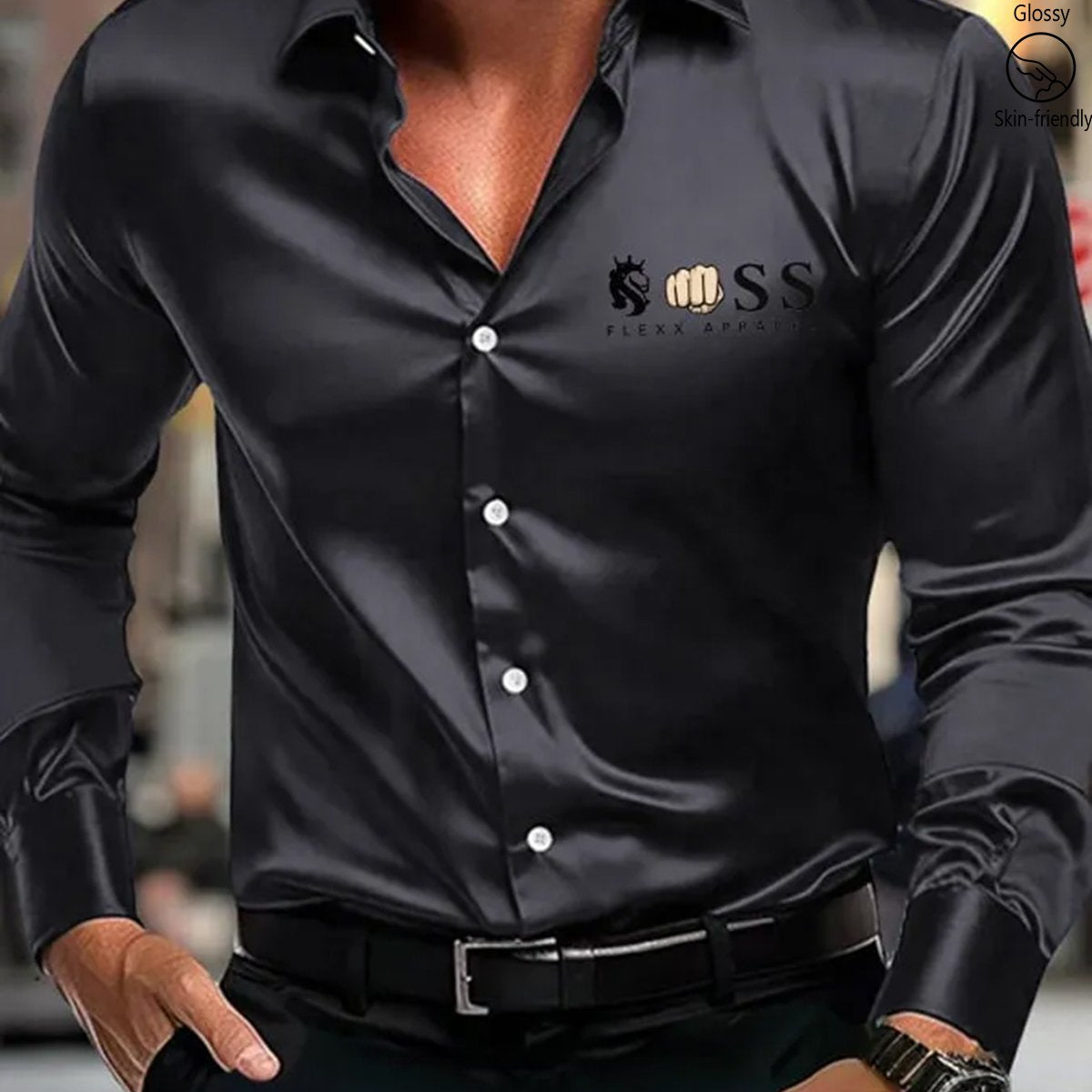 Alohadaddy® Casual Letter Logo Print Glossy Elastic Button Men's Long Sleeve Shirt Big & Tall