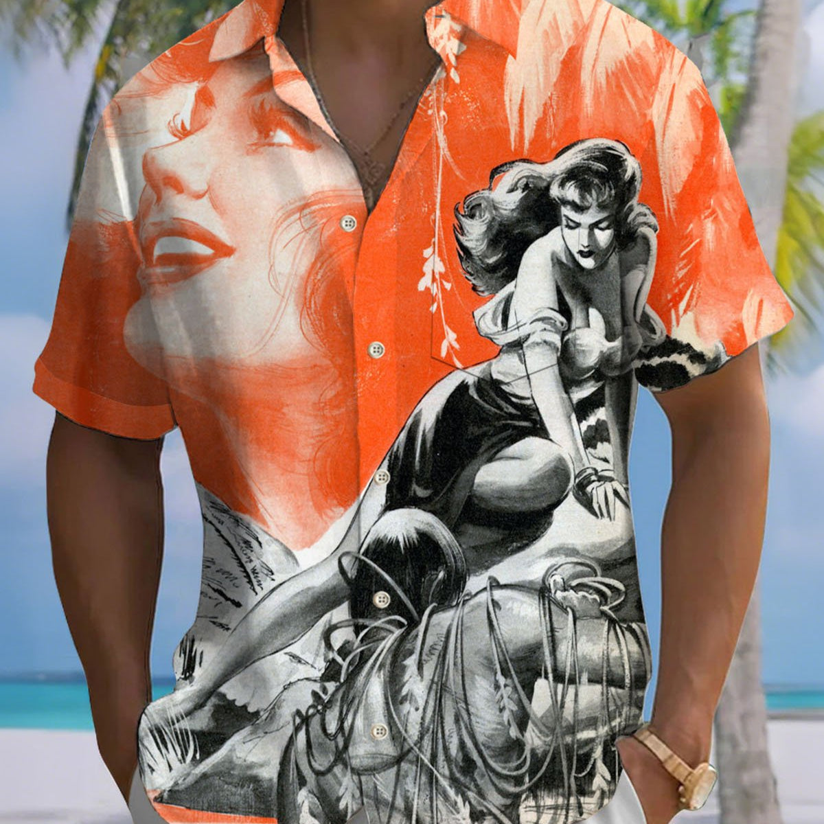Alohadaddy® Retro Poster Girl Print Art Pocket Button Men's Short Sleeve Shirt Big & Tall