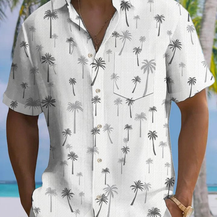 Alohadaddy Casual Collection Palm Tree Button Cardigan Pockets Fresh Stretch Polyester Short Sleeve Shirt