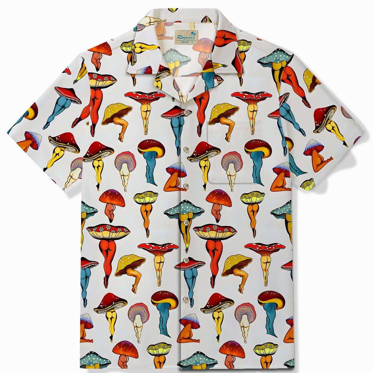 Alohadaddy® Vintage Mushroom Art Print Men's Chest Pocket Stretch Hawaiian Shirt Big Tall