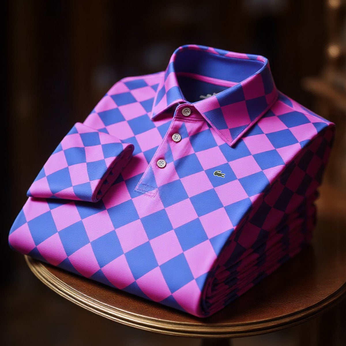 Alohadaddy® Business Casual Checkerboard Print Elastic Button Men's Long Sleeve Polo Big & Tall