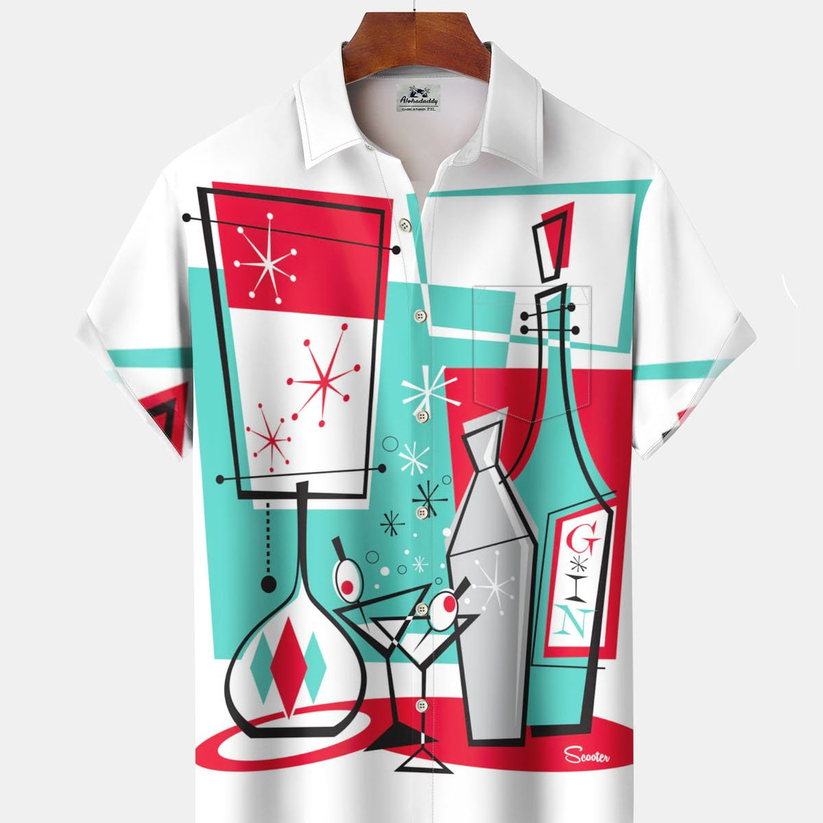 Alohadaddy® Retro Geometric Atomic Cocktail Print Art Pocket Stretch Men's Short-Sleeve Shirt Big & Tall