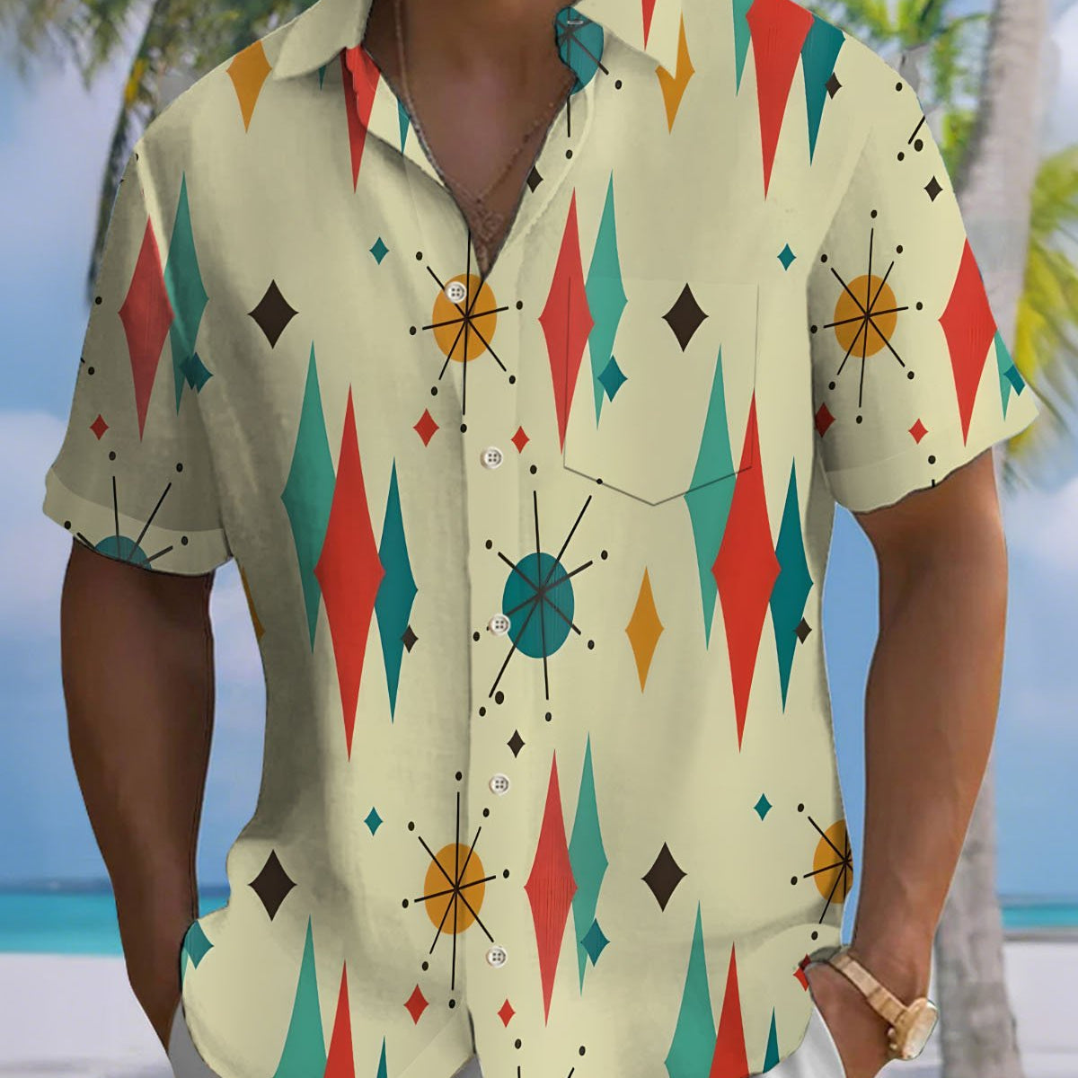 Alohadaddy® Casual Abstract Geometric Print Art Button-Down Cardigan Men's Short-Sleeve Shirt Big & Tall