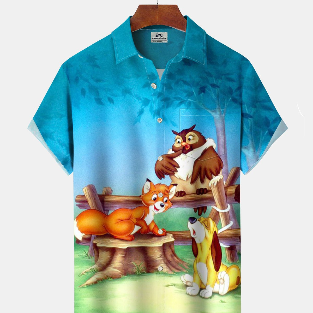 Alohadaddy® Retro Cartoon Animal Art Pocket Elastic Button Men's Short Sleeve Shirt Big & Tall