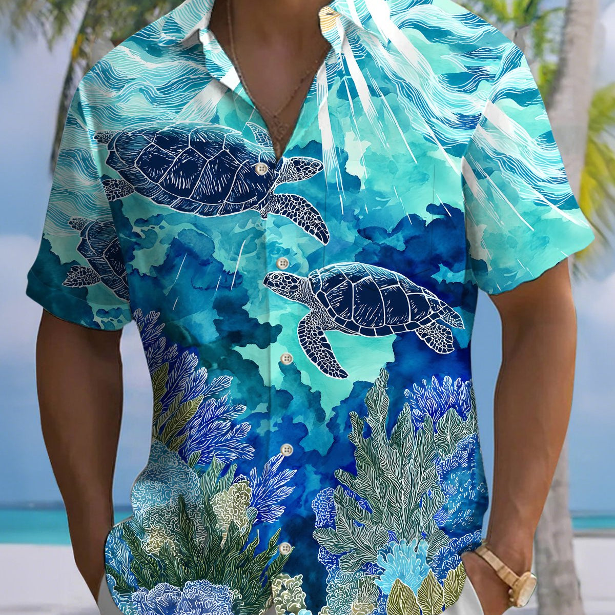 Alohadaddy® Hawaiian Turtle Print Art Button Pocket Cardigan Men's Short Sleeve Shirt Big & Tall