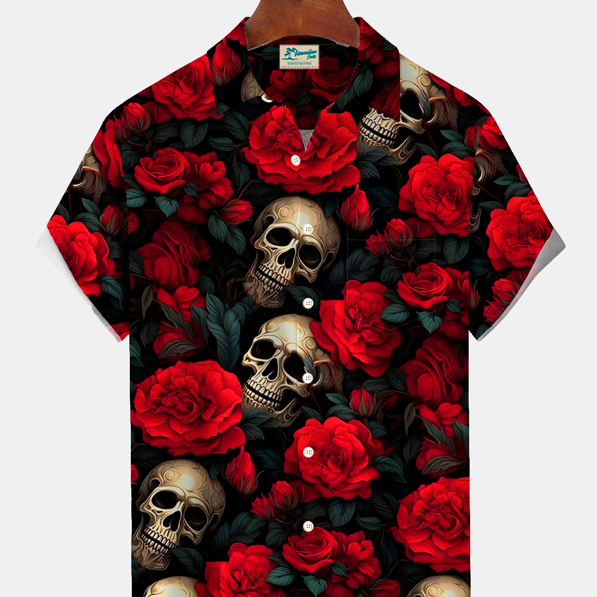 Chemise à manches courtes et poches à boutons pour homme avec imprimé numérique 3D et motif tête de mort et rose rétro d'Alohadaddy, grande et grande taille