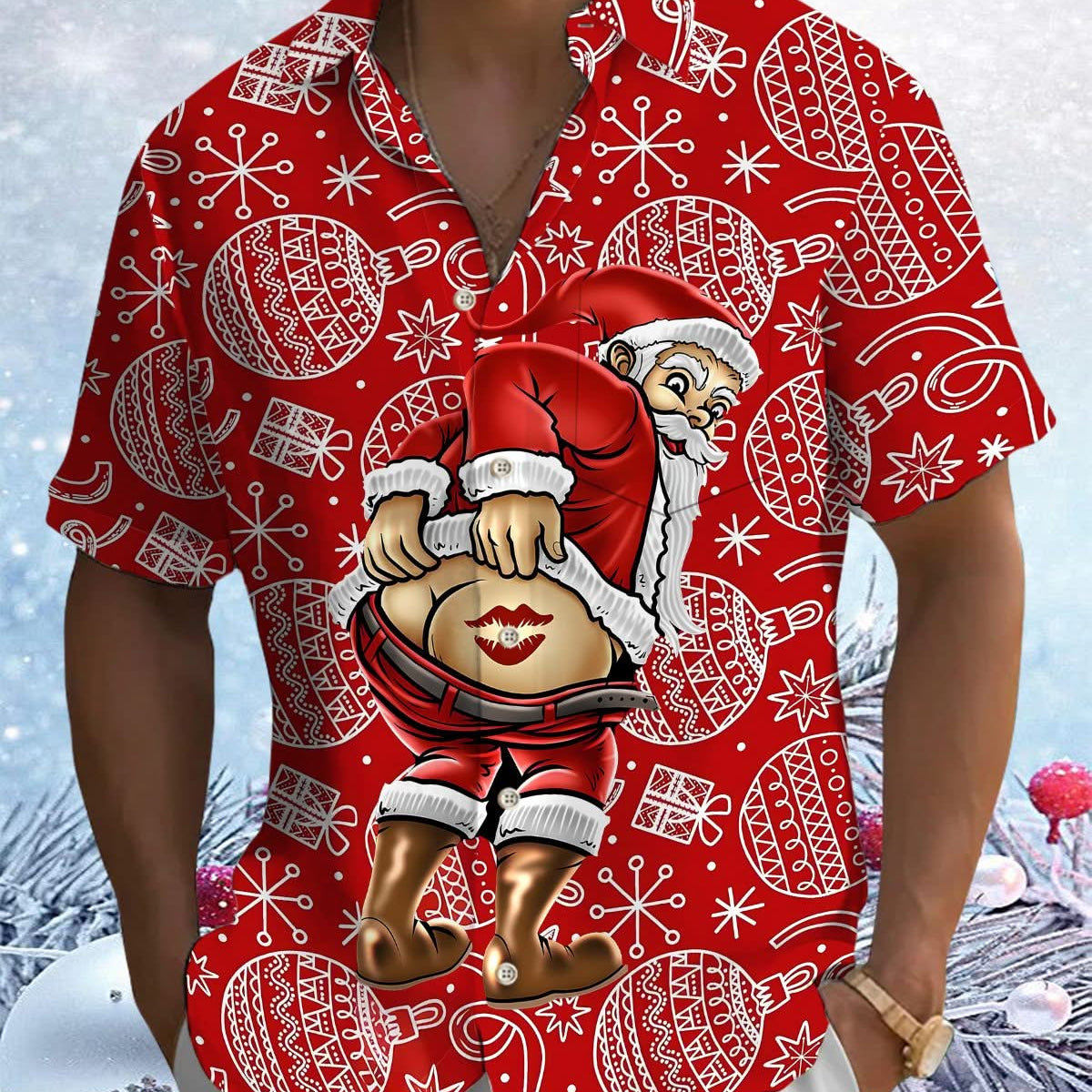Alohadaddy® Christmas Santa Claus Fun Print Art Pocket Button Men's Short Sleeve Shirt Big & Tall