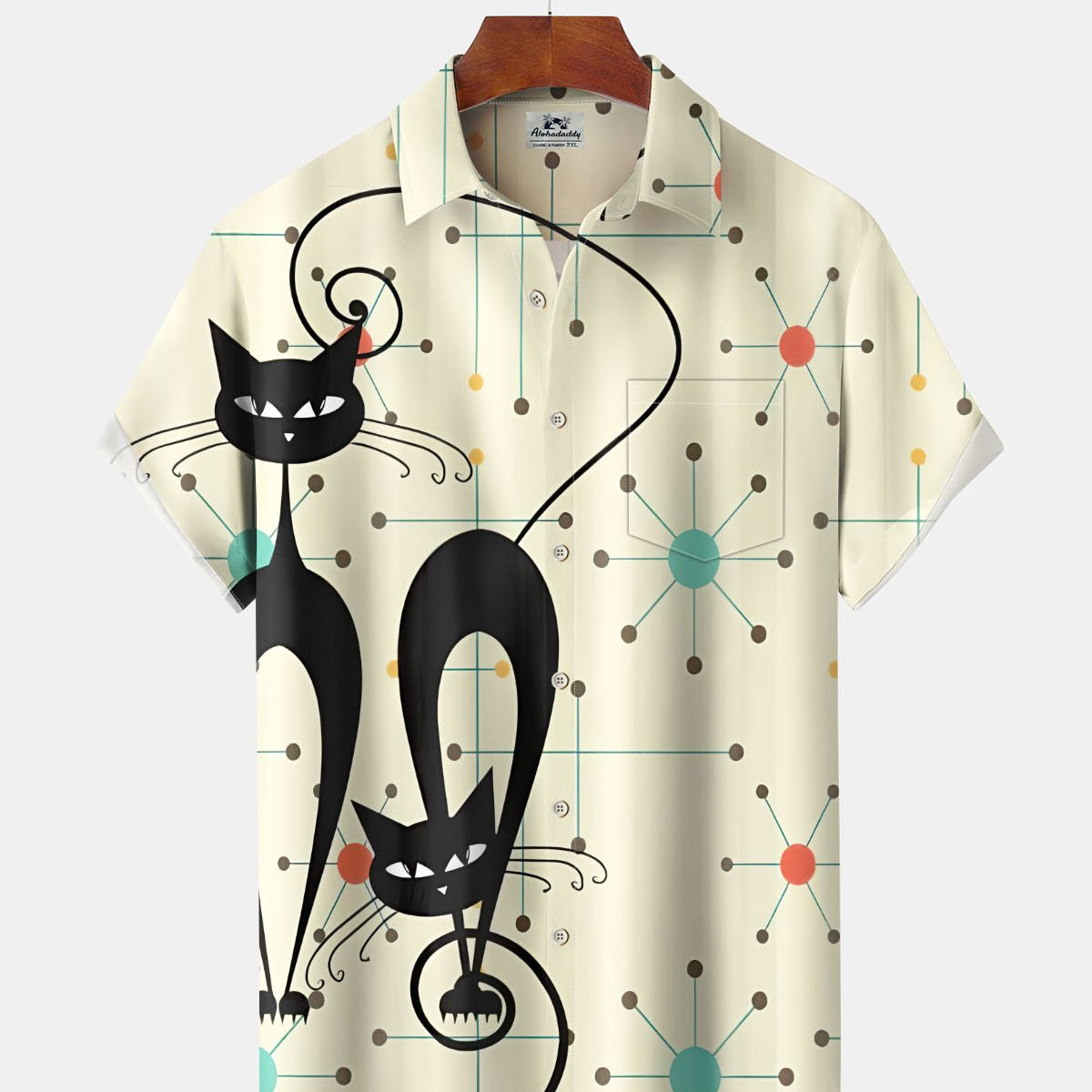 Alohadaddy® Casual Cat Print Art Button Pocket Cardigan Men's Short Sleeve Shirt Big & Tall