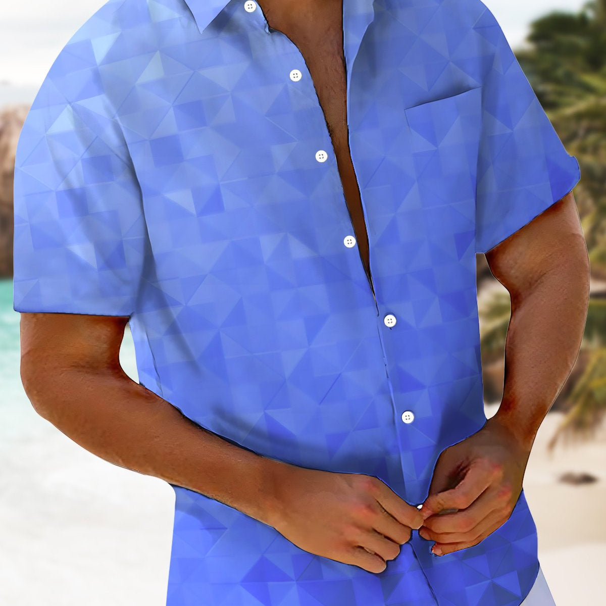 Alohadaddy Leisure Collection Geometric Triangle Gradient Color Print Art Pocket Cardigan Button Polyester Stretch Short Sleeve Shirt