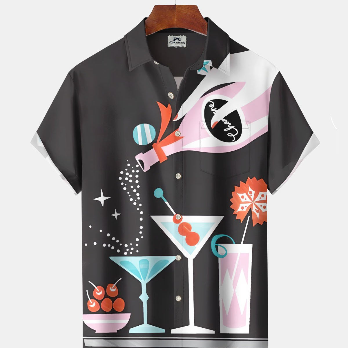 Alohadaddy® Retro Atomic Geometric Cocktail Print Art Pocket Stretch Men's Short-Sleeve Shirt Big & Tall