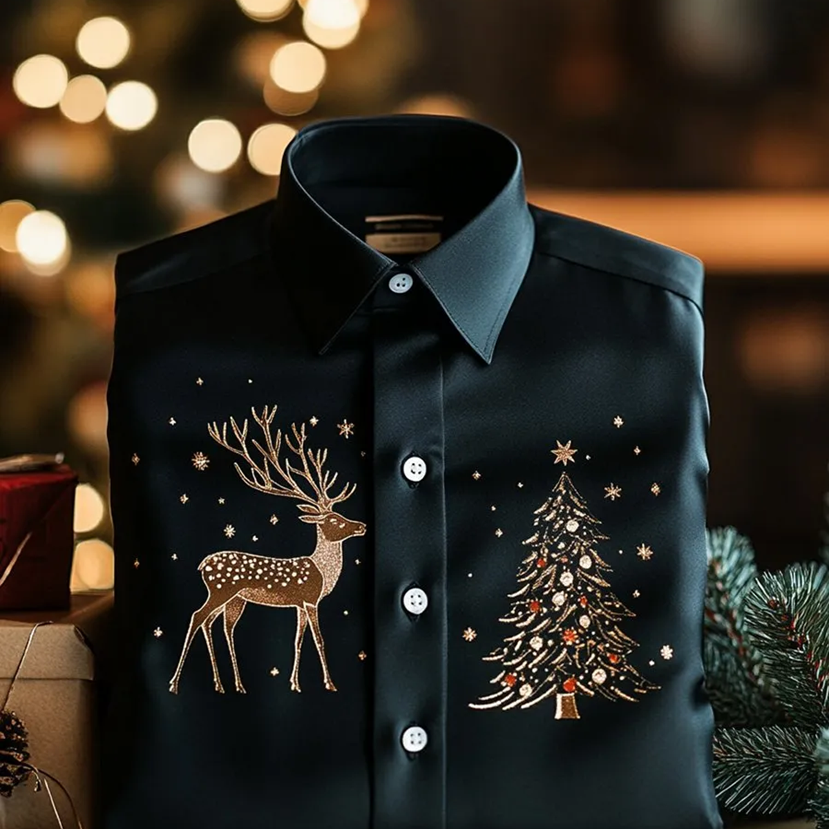 Alohadaddy® Christmas Elk and Fir Print Elastic Button Men's Long Sleeve Shirt Big & Tall