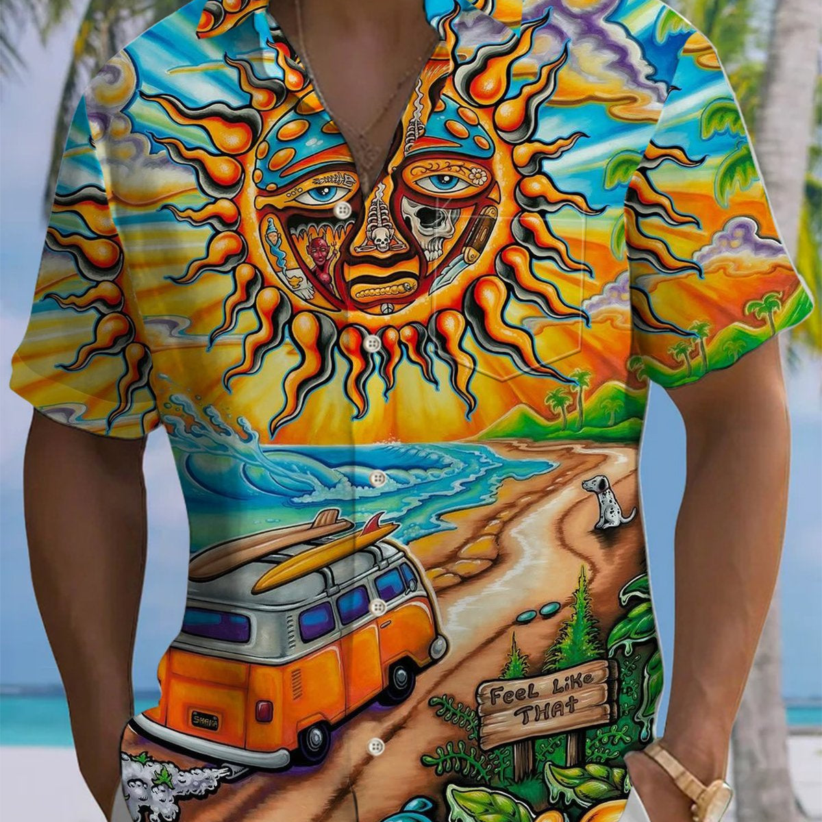 Alohadaddy® Casual Graffiti Sun Vacation Print Art Chest Pocket Men's Short Sleeve Shirt Big & Tall