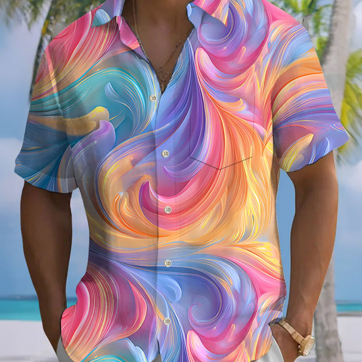 Alohadaddy® Casual Abstract Vibrant Fluid Print Art Button Cardigan Men's Short-Sleeve Shirt Big & Tall