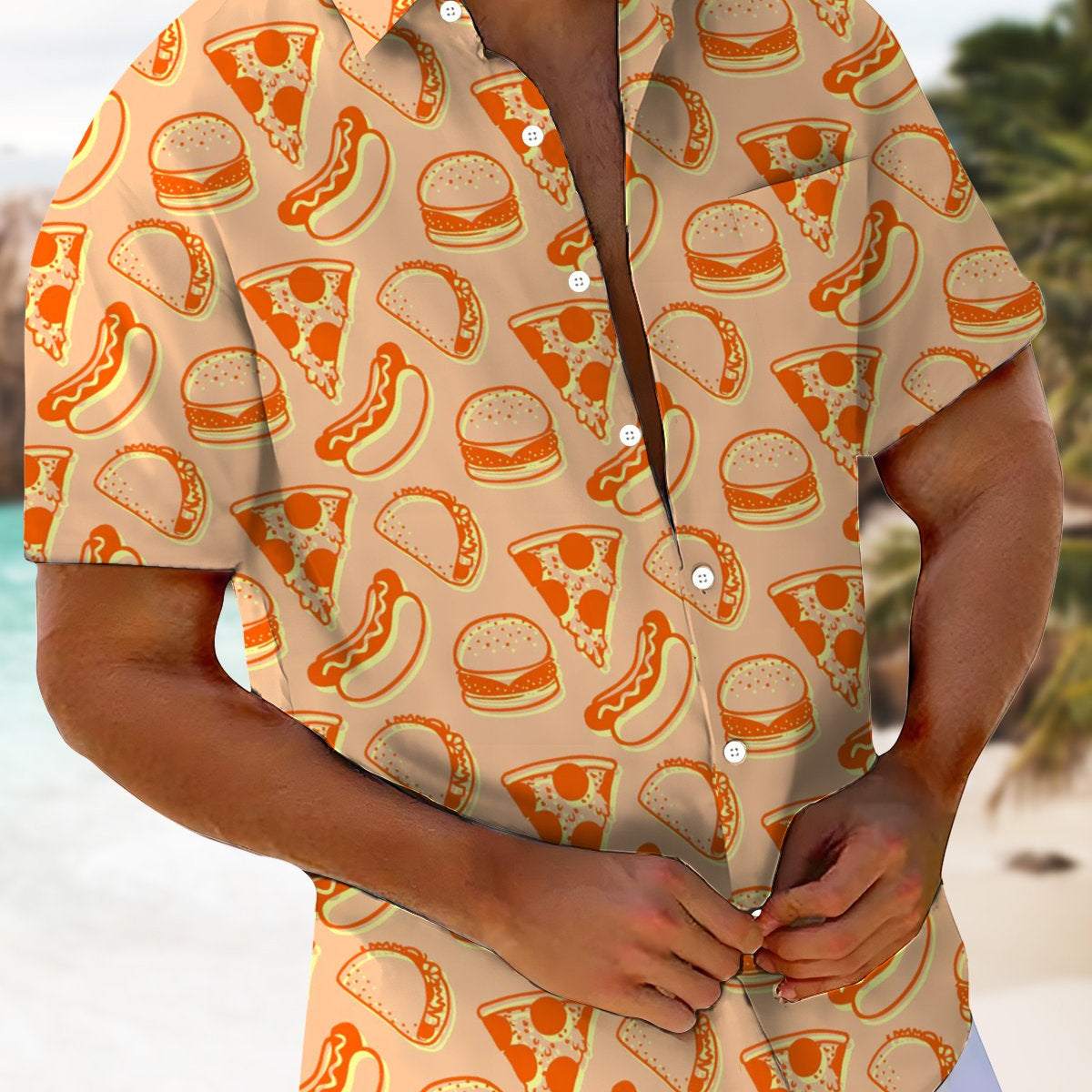 Alohadaddy® Men's Casual Hot Dog Printed Chest Pocket Stretch Short Sleeve Shirt Big & Tall