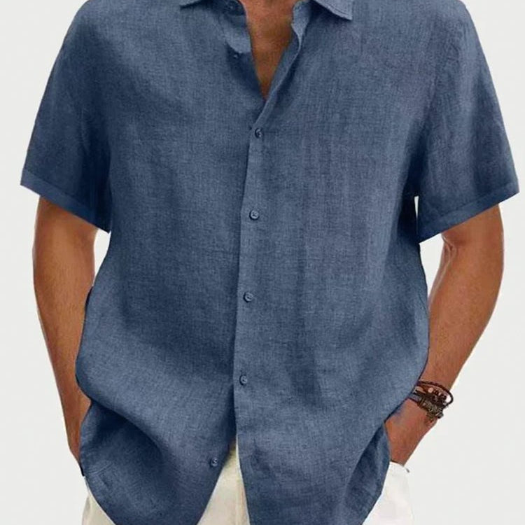 Camisa de manga corta con botones de lino y algodón de color liso para hombre