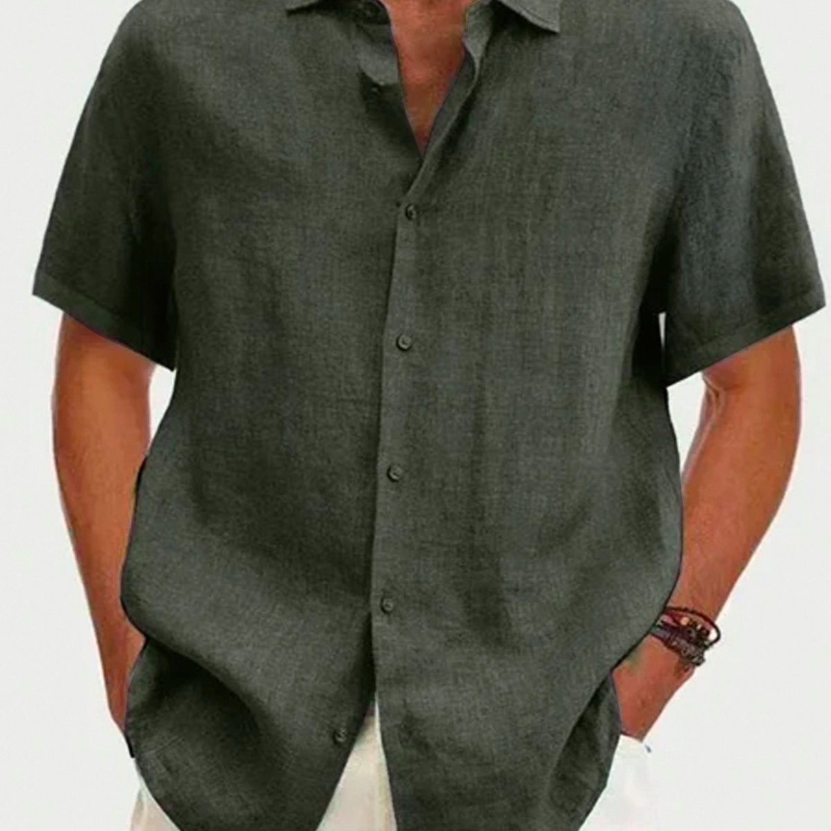 Camisa de manga corta con botones de lino y algodón de color liso para hombre
