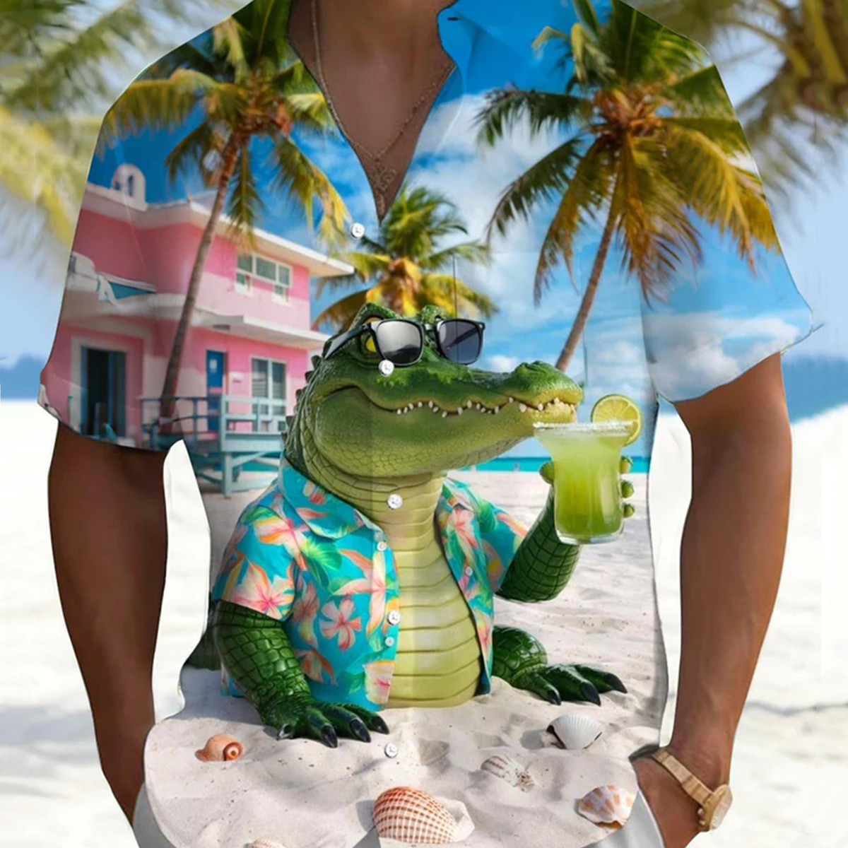 Alohadaddy® Casual Hawaiian Palm Tree Animal Print Art Print with Buttons, Pockets, Cardigan, Men's Short Sleeve Shirt & Tall