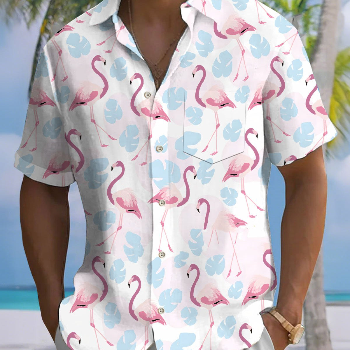 Alohadaddy® Casual Flamingo Print Art Button-Down Cardigan Men's Short-Sleeve Shirt Big & Tall