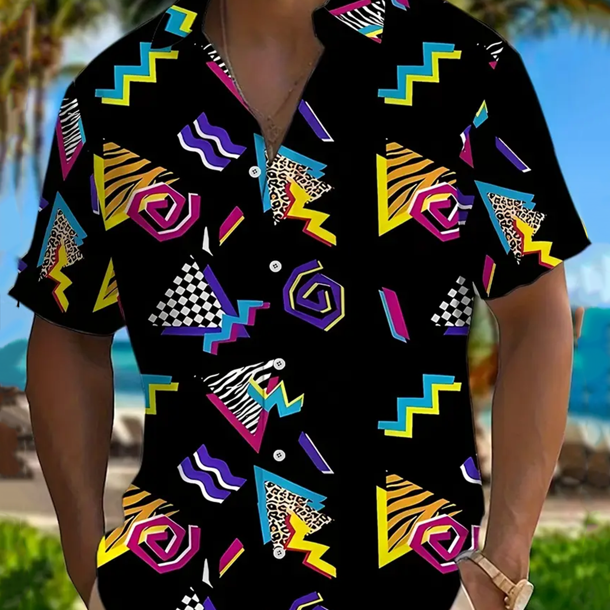 Alohadaddy® Casual Geometric Graffiti Print Art Pockets with Elastic Buttons Men's Short-Sleeve Shirt Big & Tall