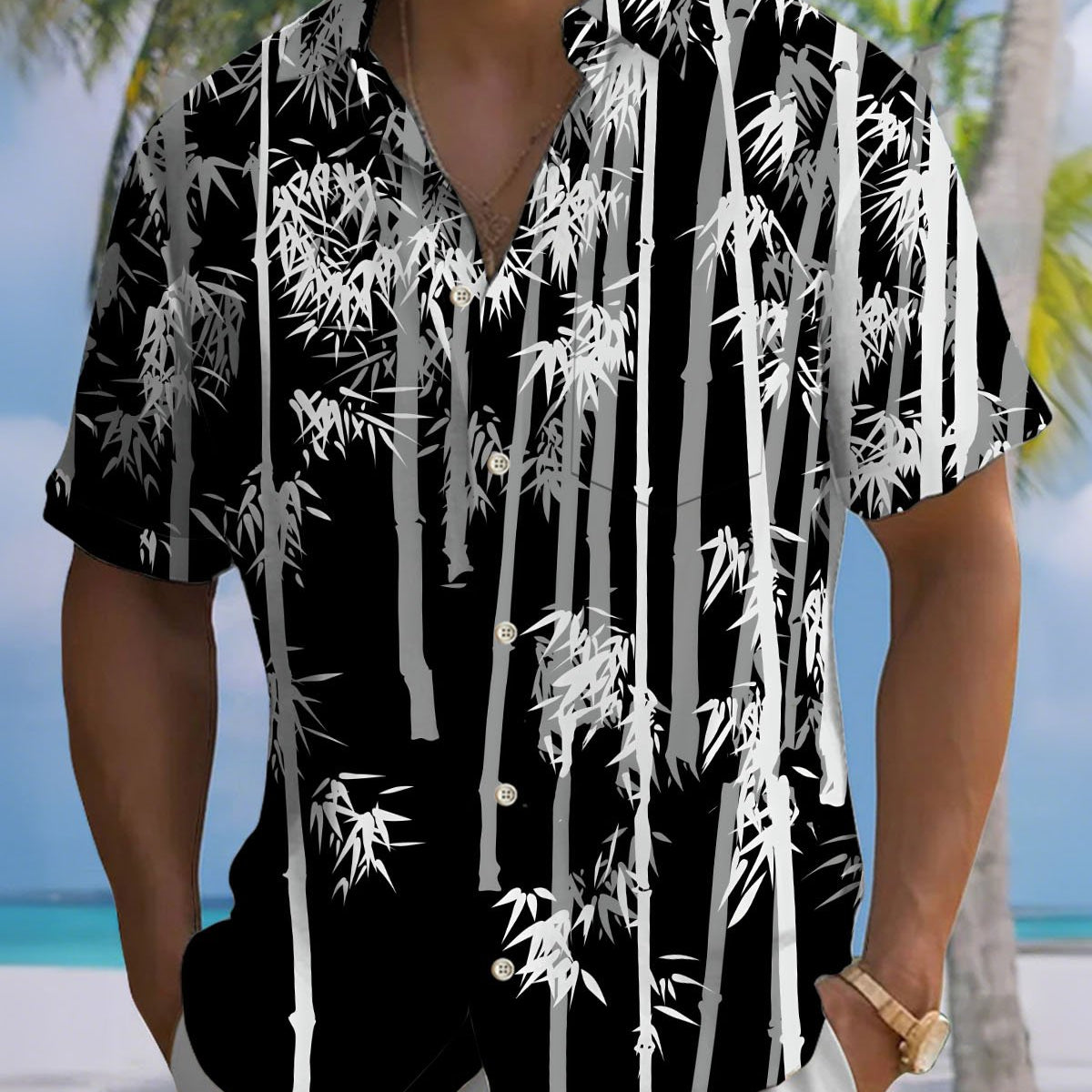 Alohadaddy® Casual Bamboo Print Art Button-Down Cardigan Men's Short-Sleeve Shirt Big & Tall
