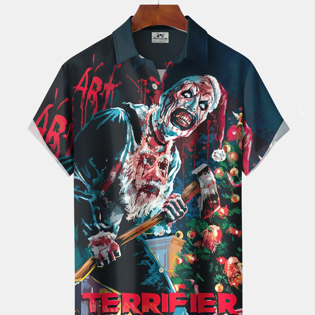 Alohadaddy® Retro Christmas Scary Santa Print Art Pocket Button Stretch Men's Short Sleeve Shirt Big & Tall