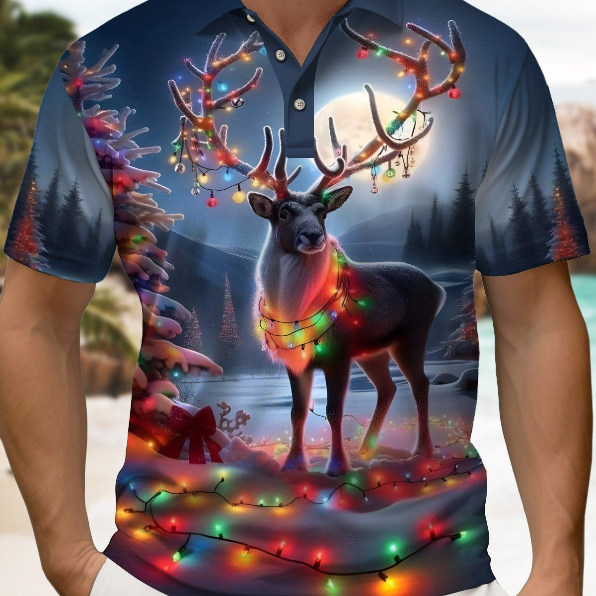 Alohadaddy® Christmas Elk Print Button Stretch Men's Short Sleeve Polo Shirt Big & Tall