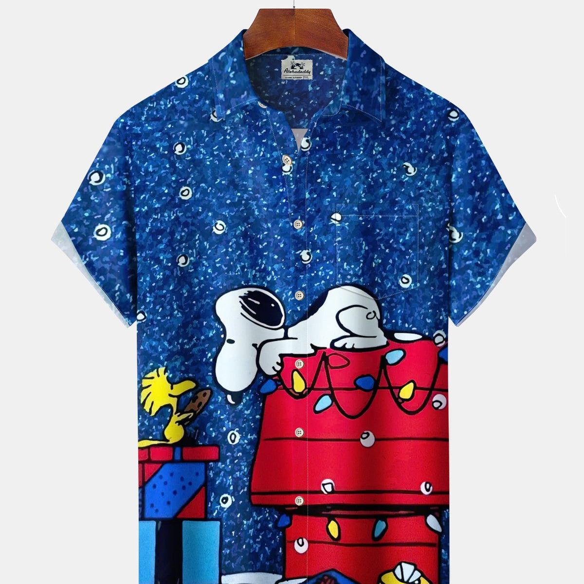 Alohadaddy® Christmas Cartoon Print Art Pocket Button Stretch Men's Short Sleeve Shirt Big & Tall