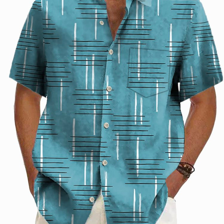Alohadaddy Retro Geometric Print Men's Button Pocket Short Sleeve Shirt