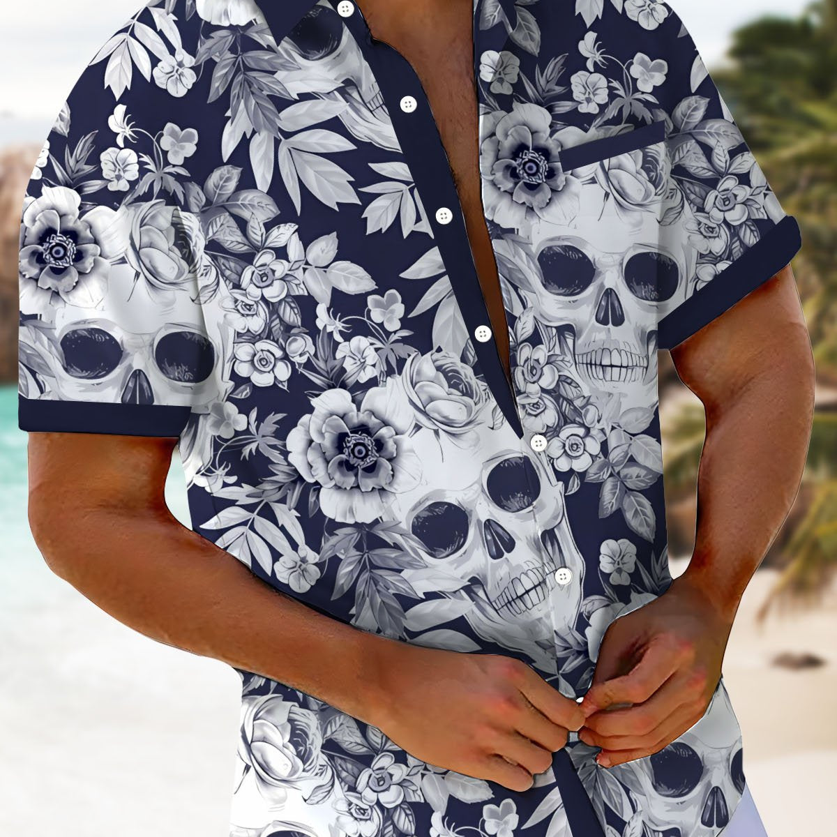 Alohadaddy® Hawaiian Skull Art Print Chest Pocket Mens Wicking Short Sleeve Shirt Big & Tall