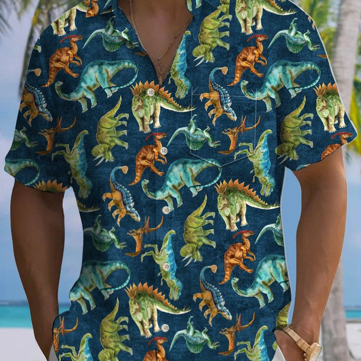 Alohadaddy® Vintage Dinosaur Art Print Chest Pocket Men's Stretch Short Sleeve Shirt Big & Tall