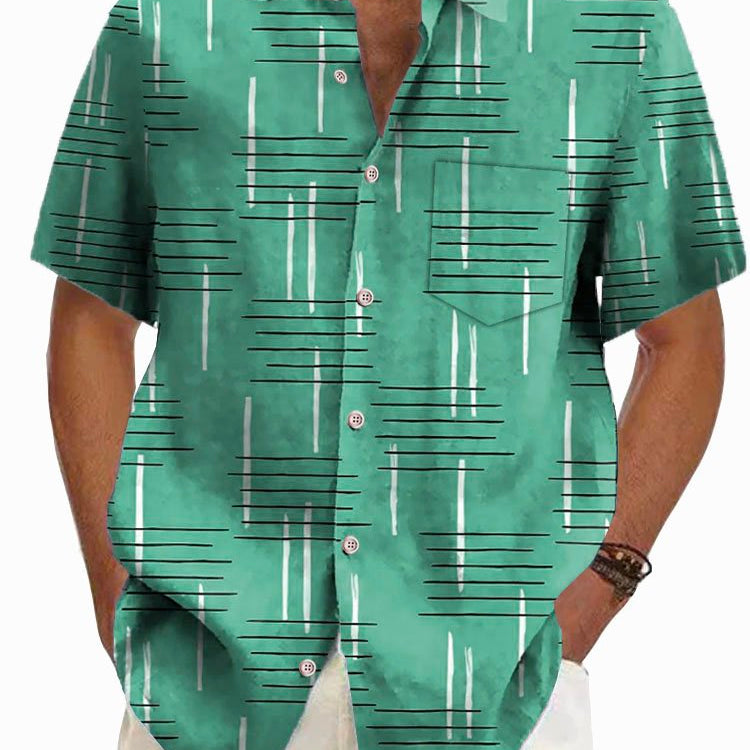 Alohadaddy Retro Geometric Print Men's Button Pocket Short Sleeve Shirt