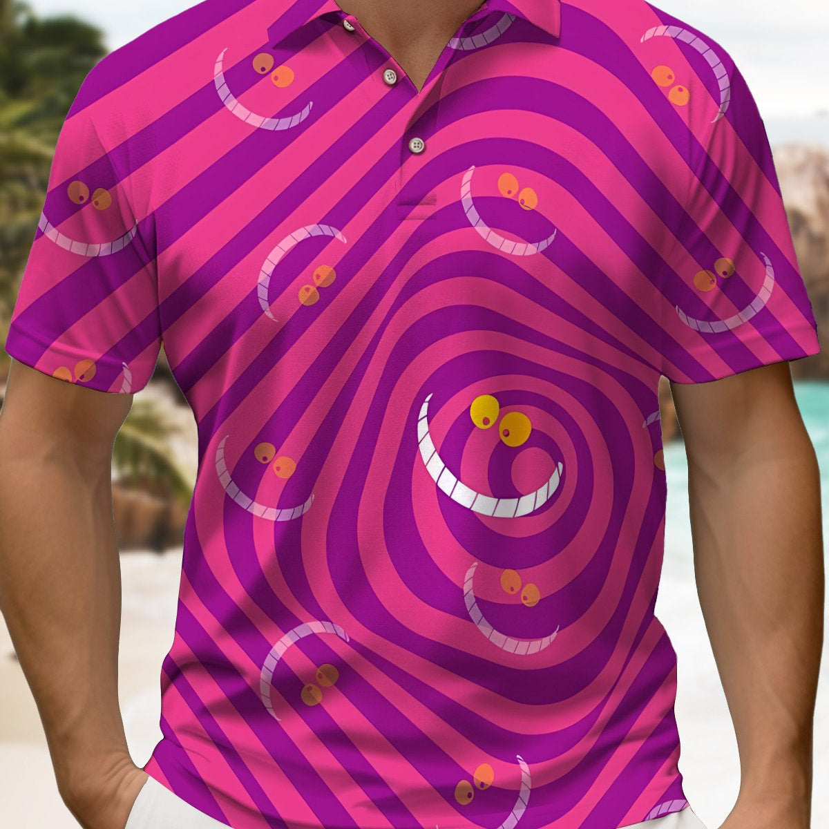 Alohadaddy® Retro Striped Cartoon Print Button Stretch Men's Short Sleeve Polo Shirt Big & Tall