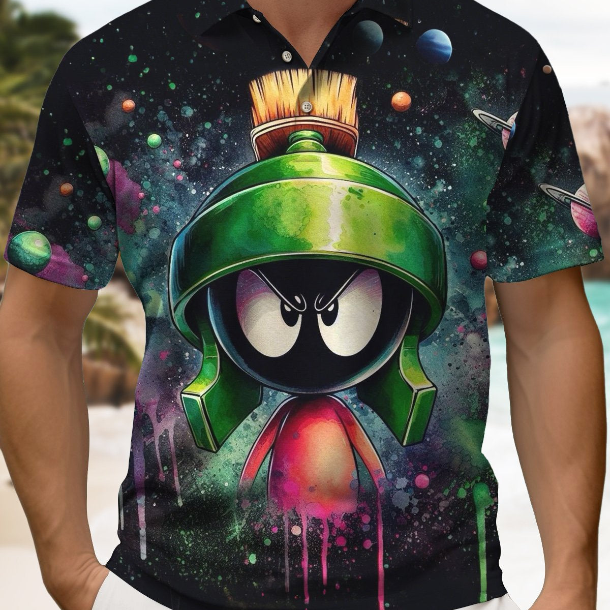 Alohadaddy® Retro Cartoon Print Button Stretch Men's Short Sleeve Polo Shirt Big & Tall