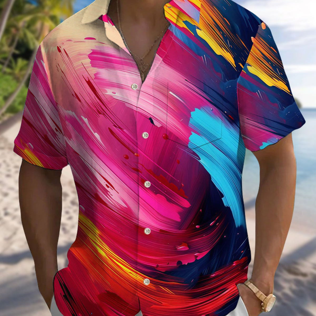 Alohadaddy® Casual Geometric Print Art Button Pocket Cardigan Men's Short Sleeve Shirt & Tall