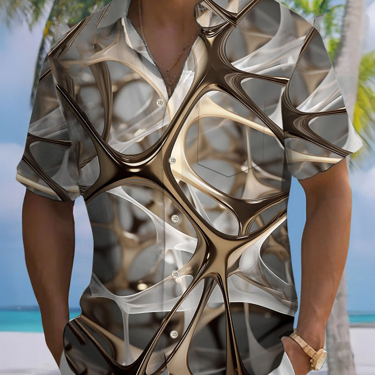 Alohadaddy® Casual Abstract Geometric Print Art Button Pocket Cardigan Men's Short Sleeve Shirt Big & Tall