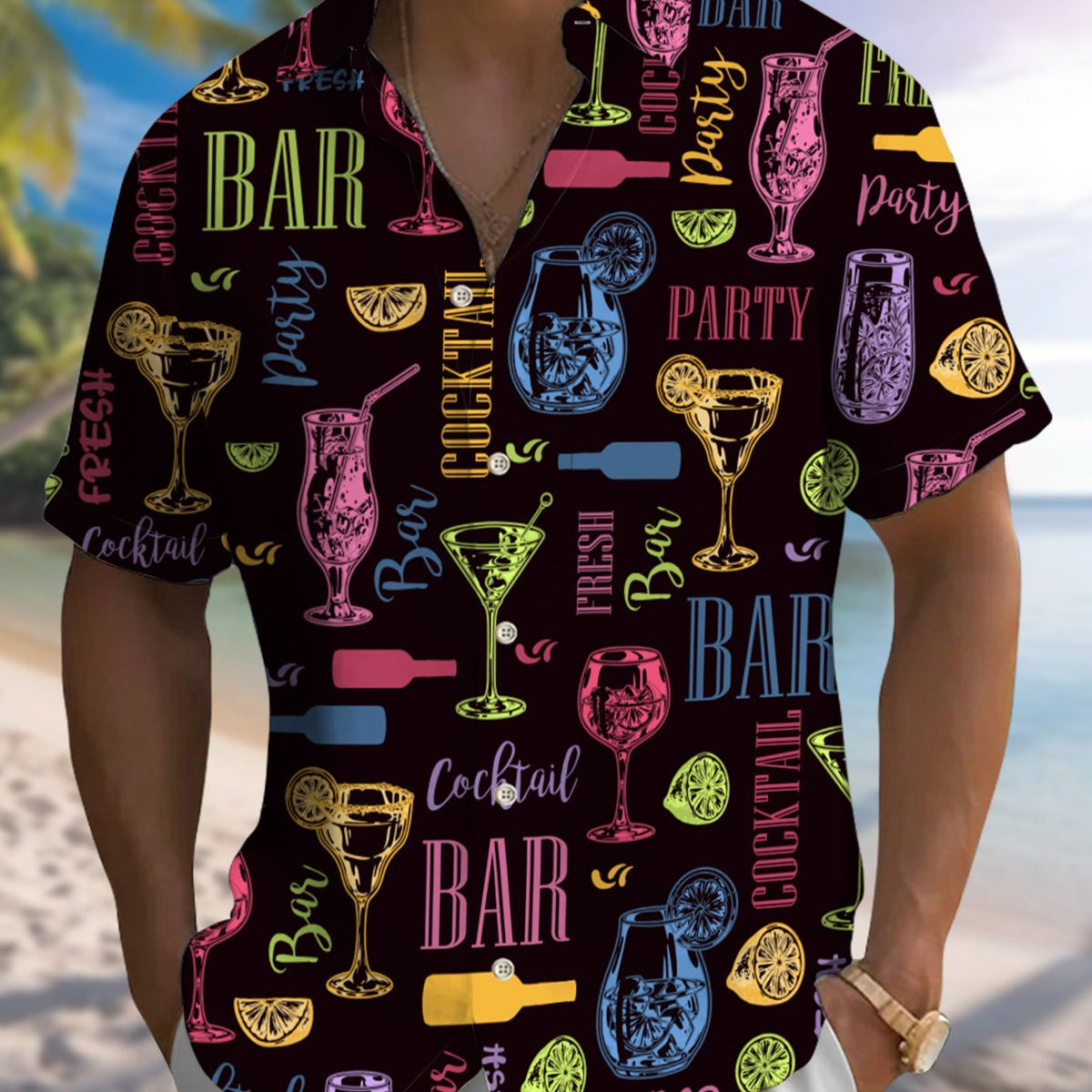 Alohadaddy® Casual Cocktail Print Artistic Button Pocket Cardigan Men's Short Sleeve Shirt Big & Tall