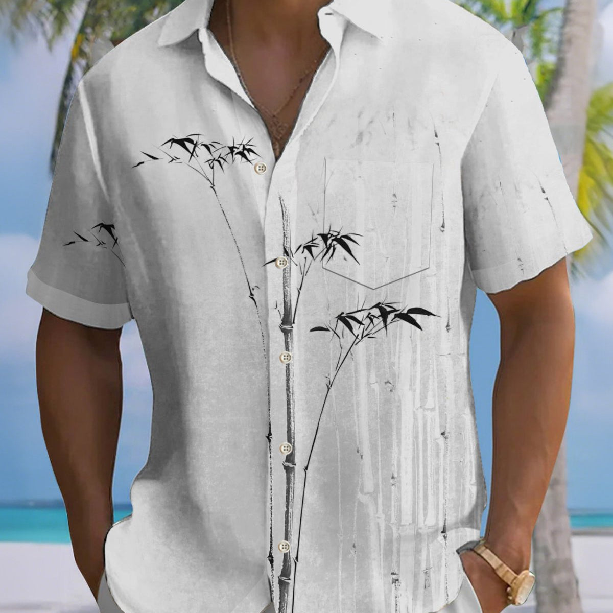 Alohadaddy® Hawaiian Bamboo Print Art Button Pocket Cardigan Men's Short Sleeve Shirt