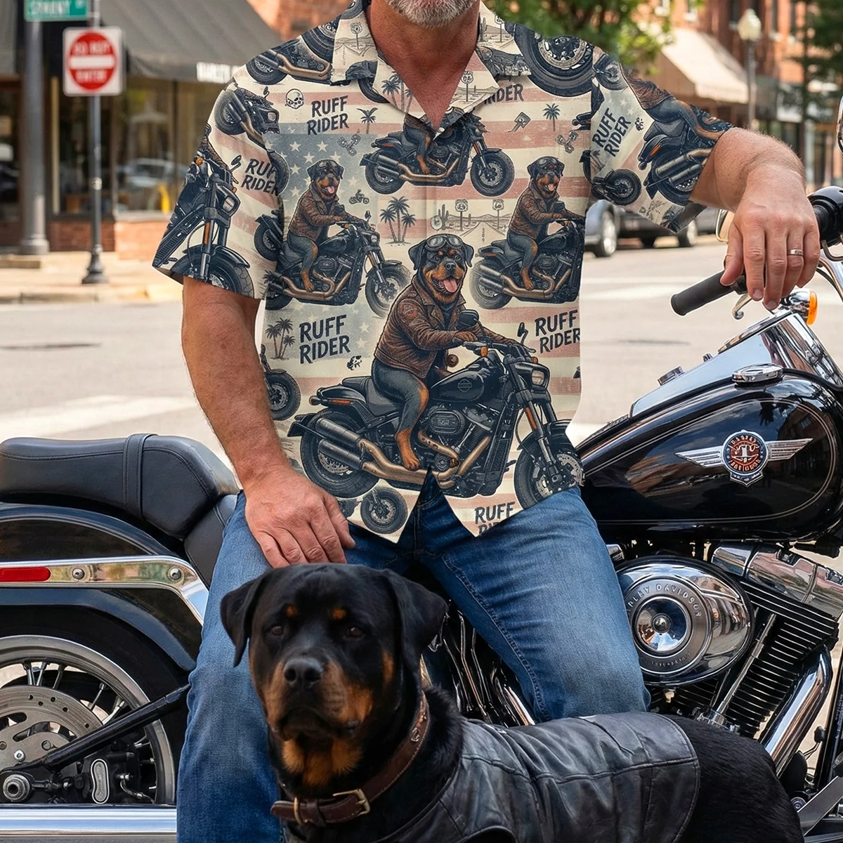 Alohadaddy® Men's Short-Sleeve Button-Down Shirt Casual Style with "Biker Dog" Graphic Print and Chest Pocket