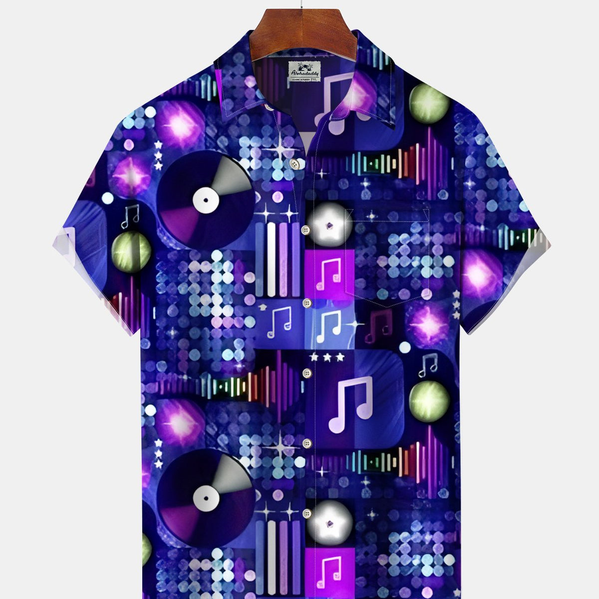 Alohadaddy® Men's Short-Sleeve Button-Down Cardigan Shirt with Vintage Music-Themed Graphic Print and Pocket