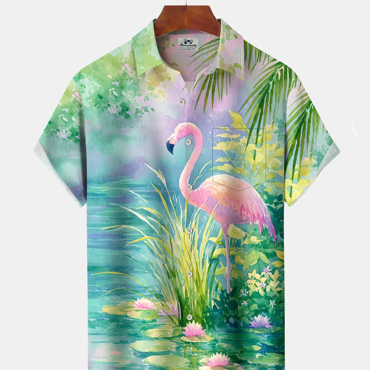 Alohadaddy® Hawaiian Flamingo Print Art Button Pocket Cardigan Men's Short Sleeve Shirt