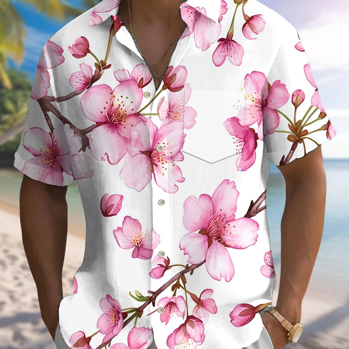 Alohadaddy® Men's Short-Sleeve Button-Down Shirt with Floral Art Print and Pocket