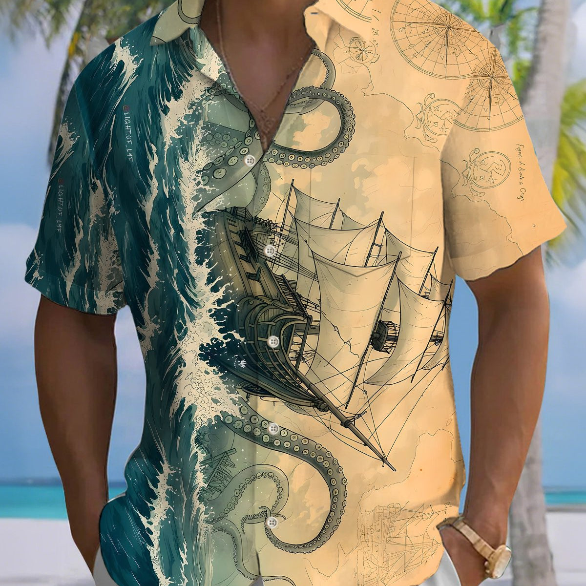 Alohadaddy® Men's Short-Sleeve Button-Down Shirt Vintage Sailboat Print with Pocket