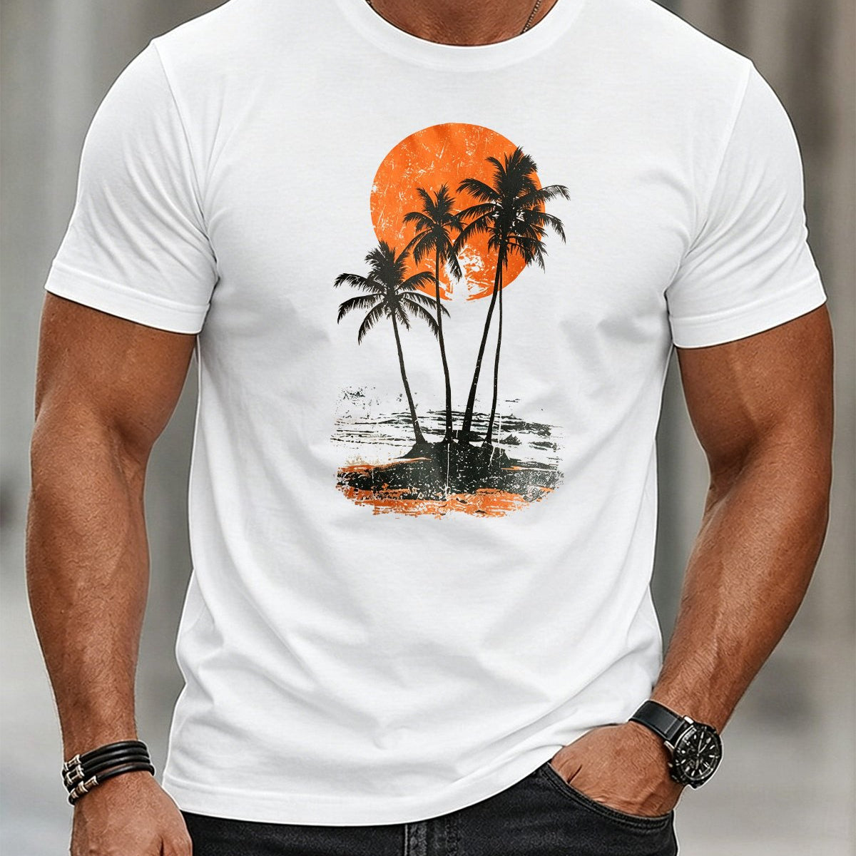 Alohadaddy® Men's Short-Sleeve Crew Neck T-Shirt with Hawaiian Palm Tree Print