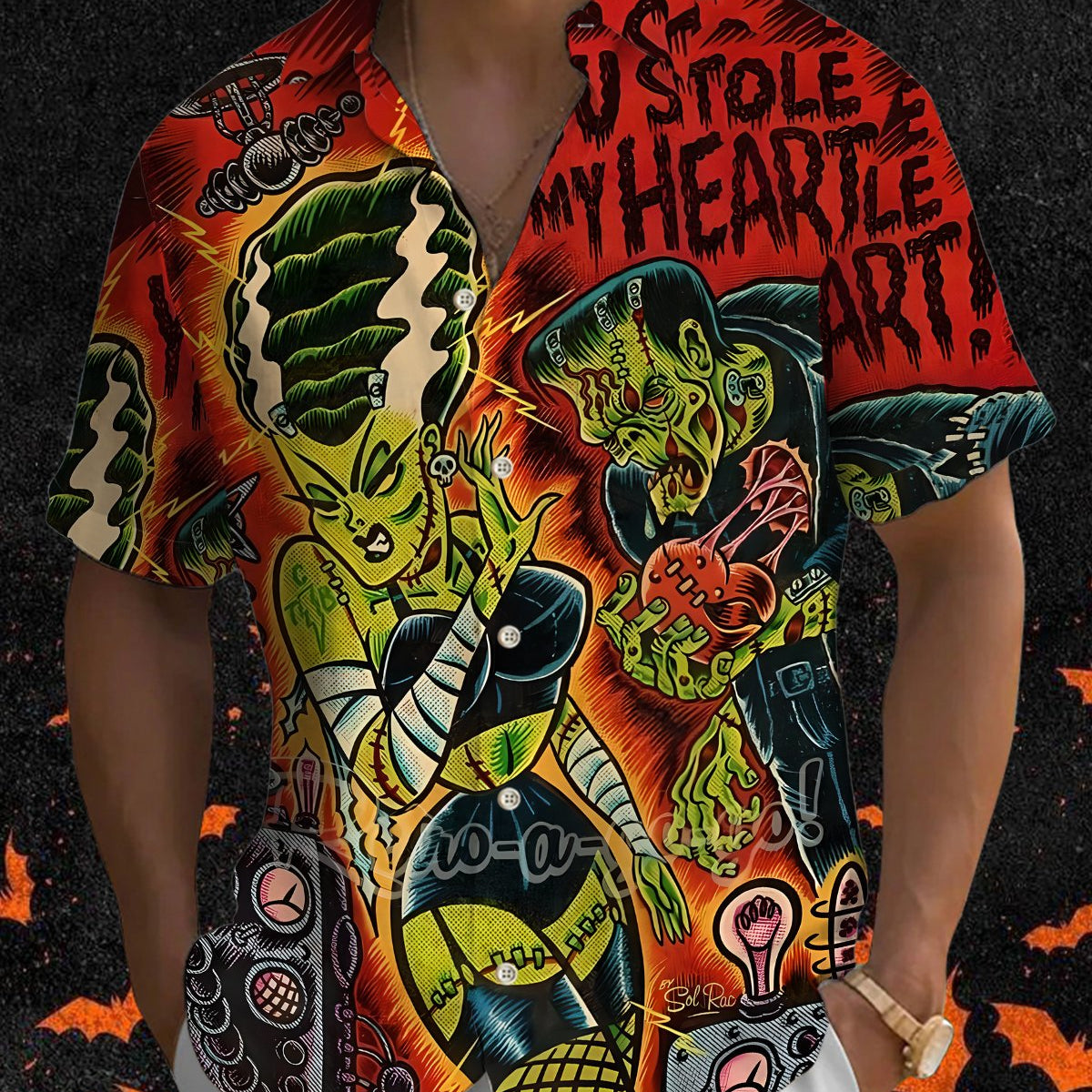 Alohadaddy® Holiday Halloween Graphic Print Button-Down Pocket Cardigan-Style Men's Short-Sleeve Shirt