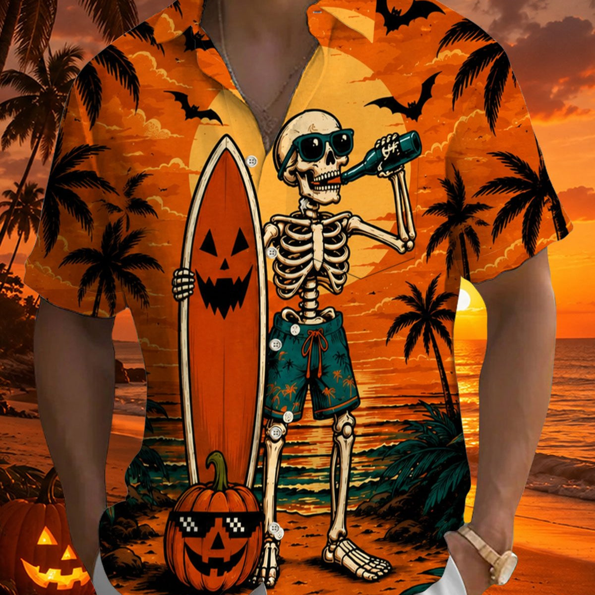 Alohadaddy® Men's Short-Sleeve Button-Down Shirt Hawaiian Style with Halloween Graphic Print and Chest Pocket